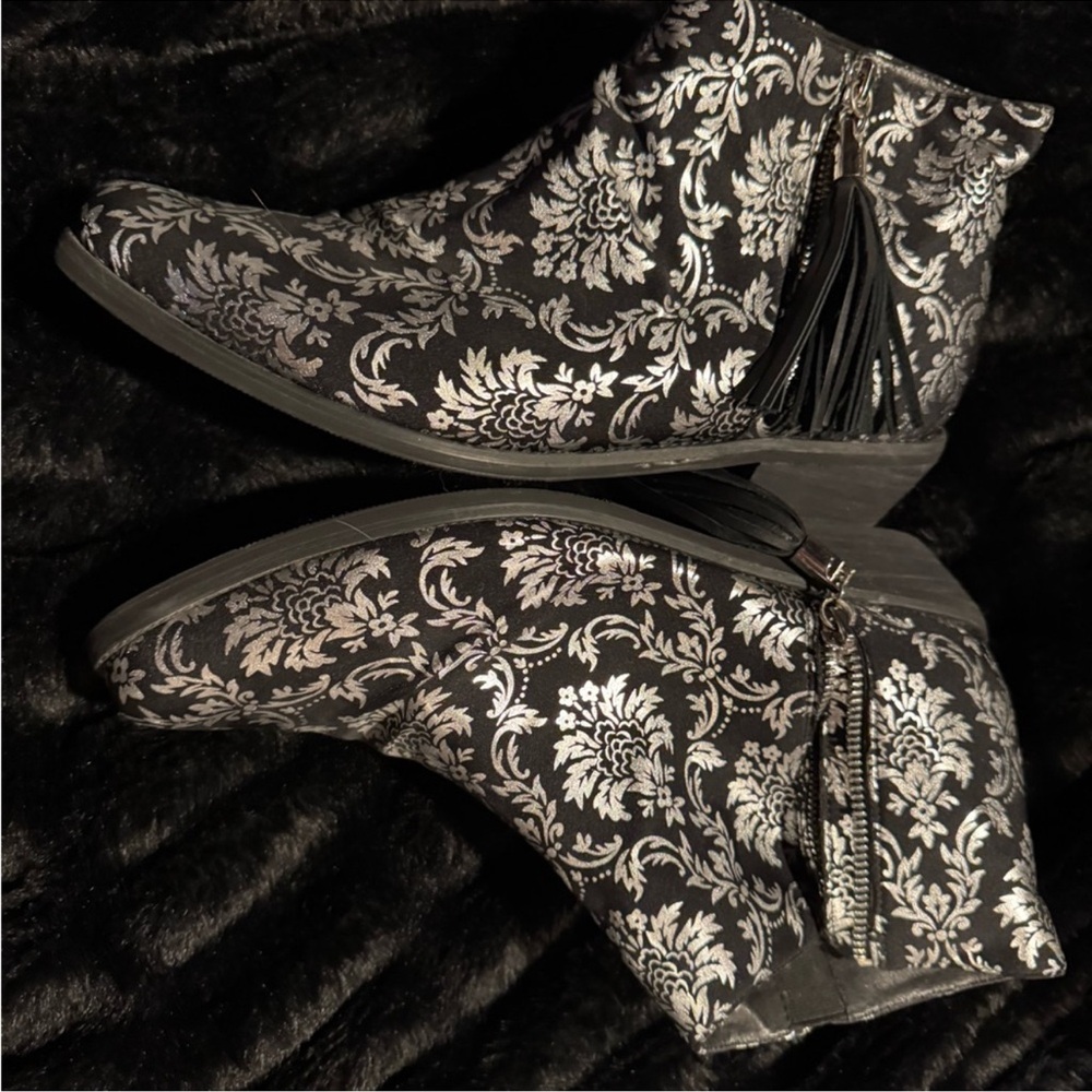 Black and Silver Floral Patterned Boots